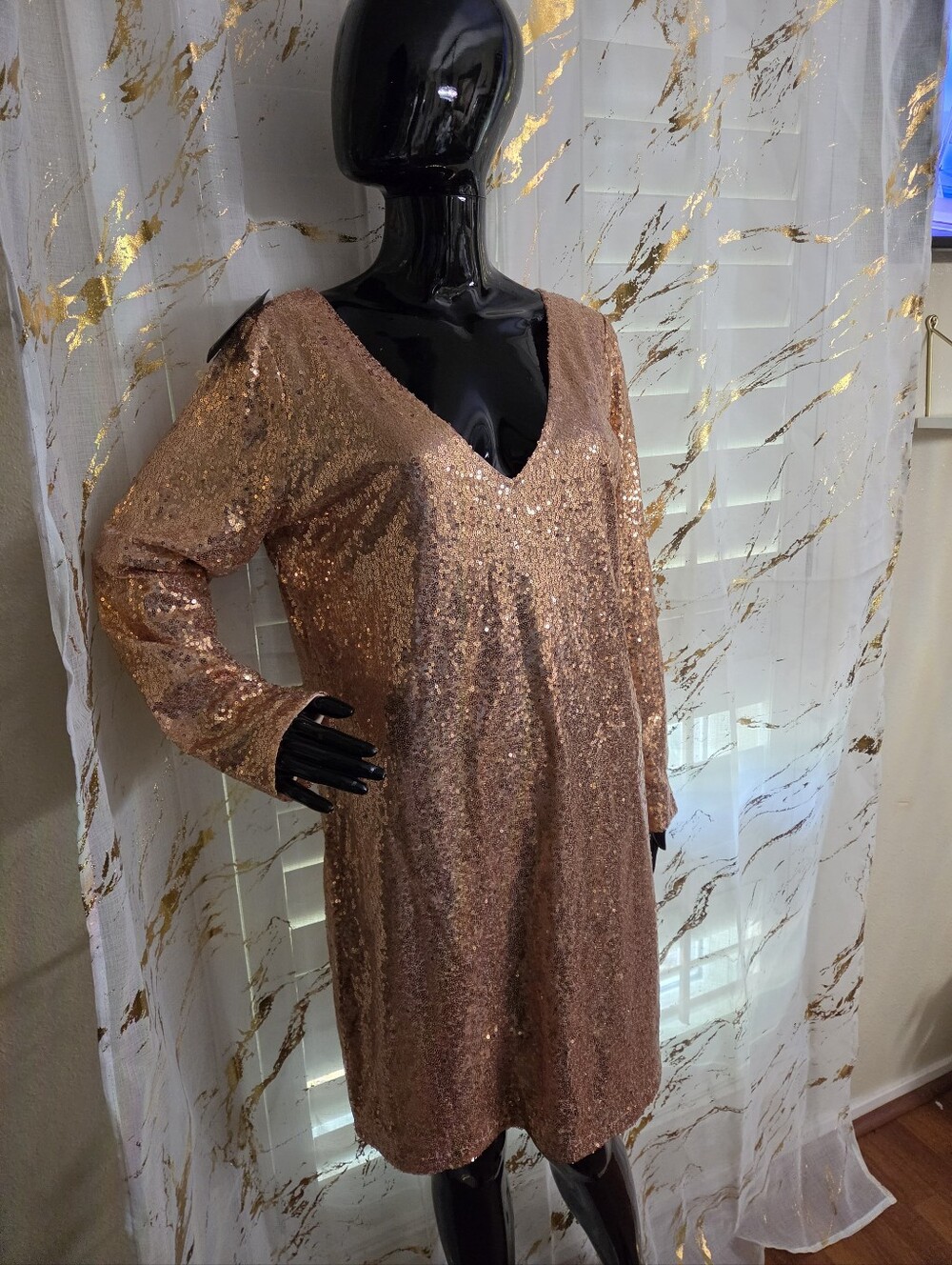 NWT womens Sexy Deep Vneck Sequin Glitter Bodycon Mini Dress in Rose Gold XL